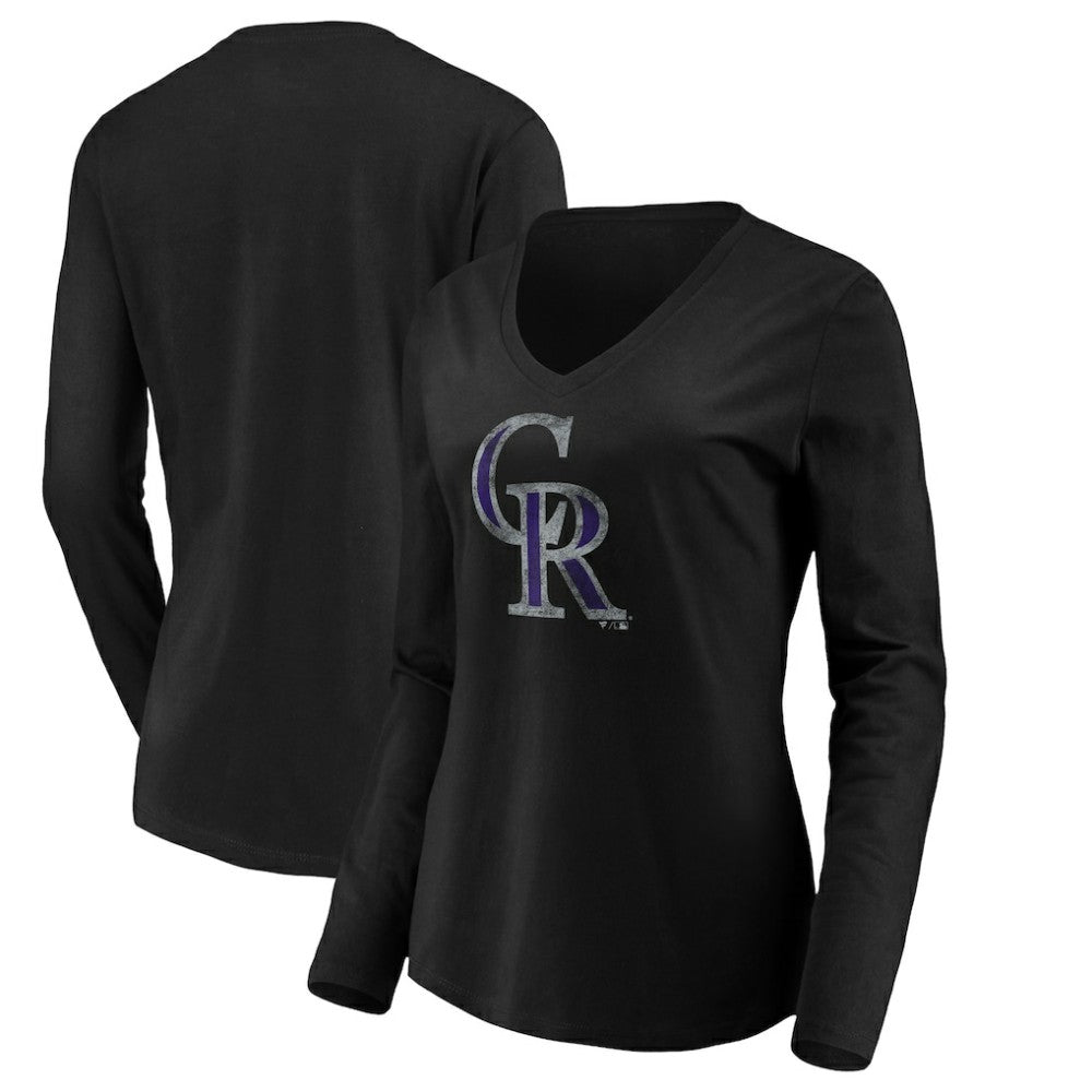 Colorado Rockies Women's Core Distressed Team Long Sleeve T-Shirt - Black T-shirts