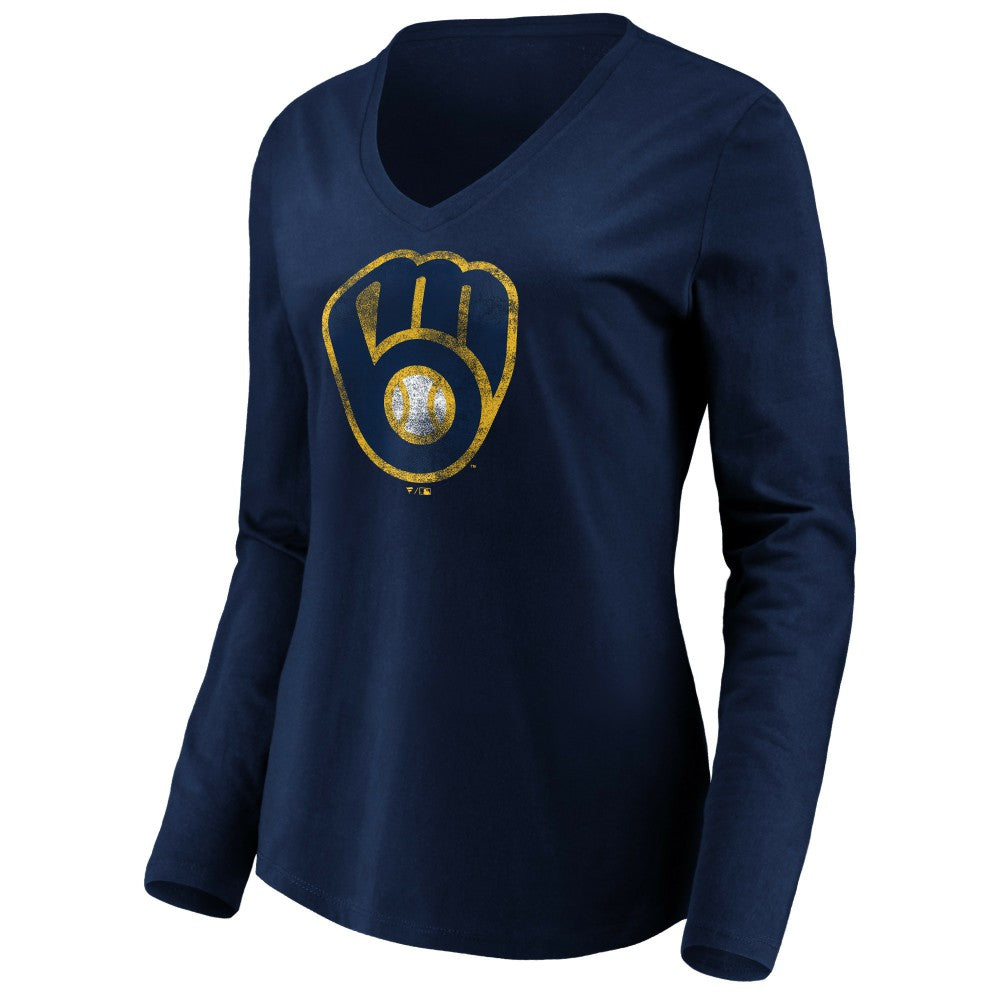 Milwaukee Brewers Women's Core Distressed Team Long Sleeve T-Shirt - Navy T-shirts