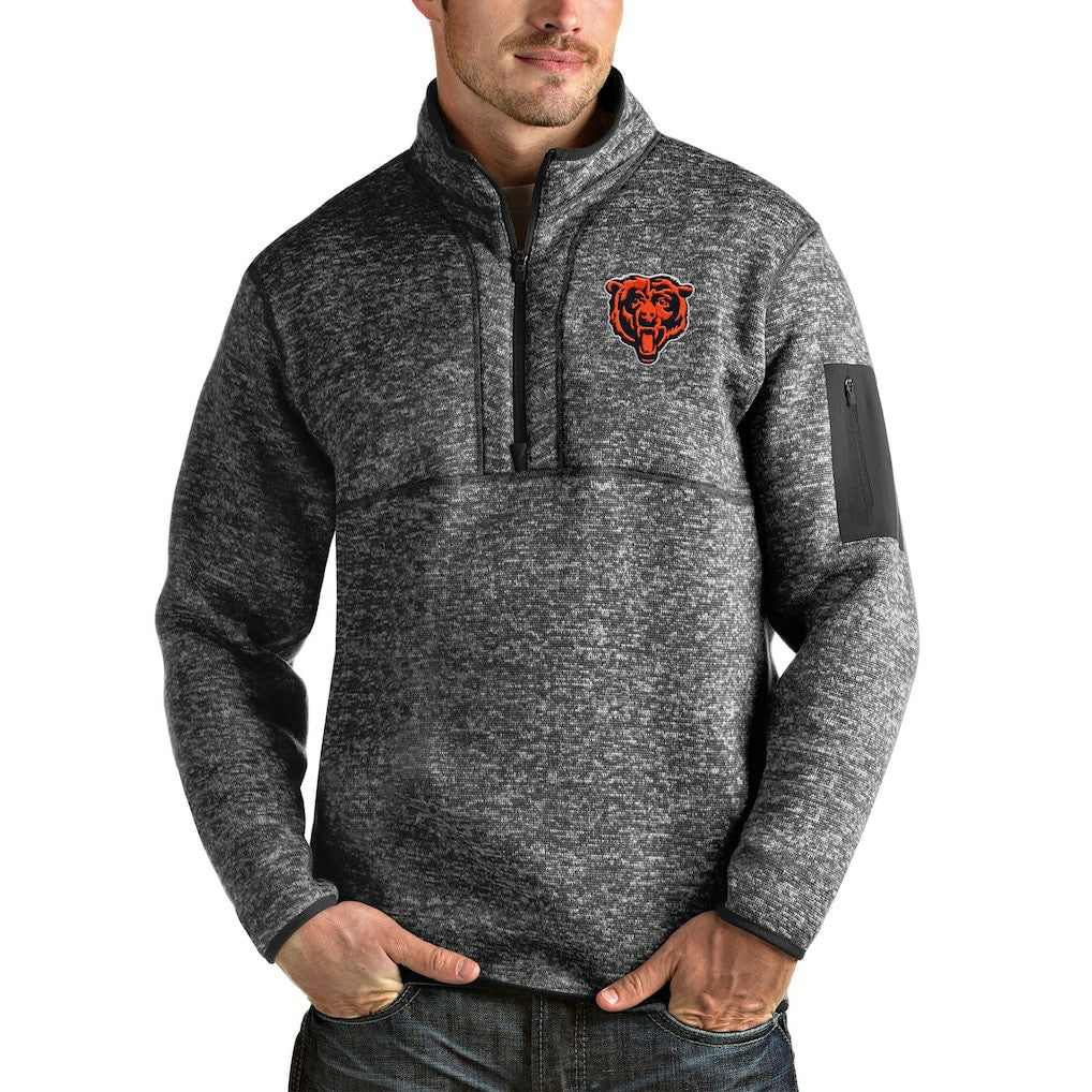 Chicago Bears Antigua Bear Head Fortune Quarter-Zip Pullover Jacket Heathered Charcoal