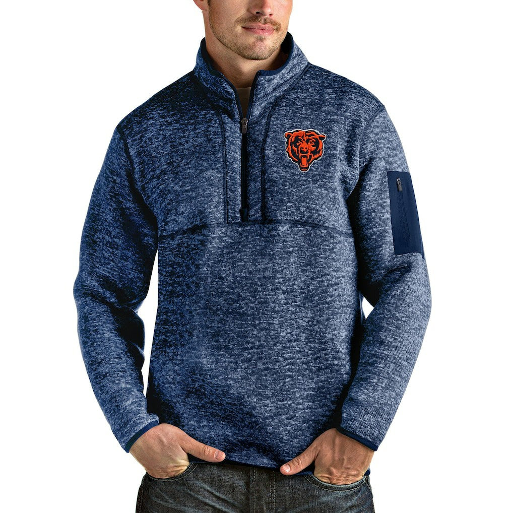 Chicago Bears Antigua Bear Head Fortune Quarter-Zip Pullover Jacket Heather Navy