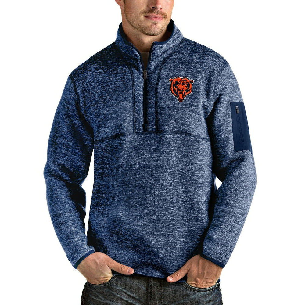 Chicago Bears Antigua Bear Head Fortune Quarter-Zip Pullover Jacket Heather Navy