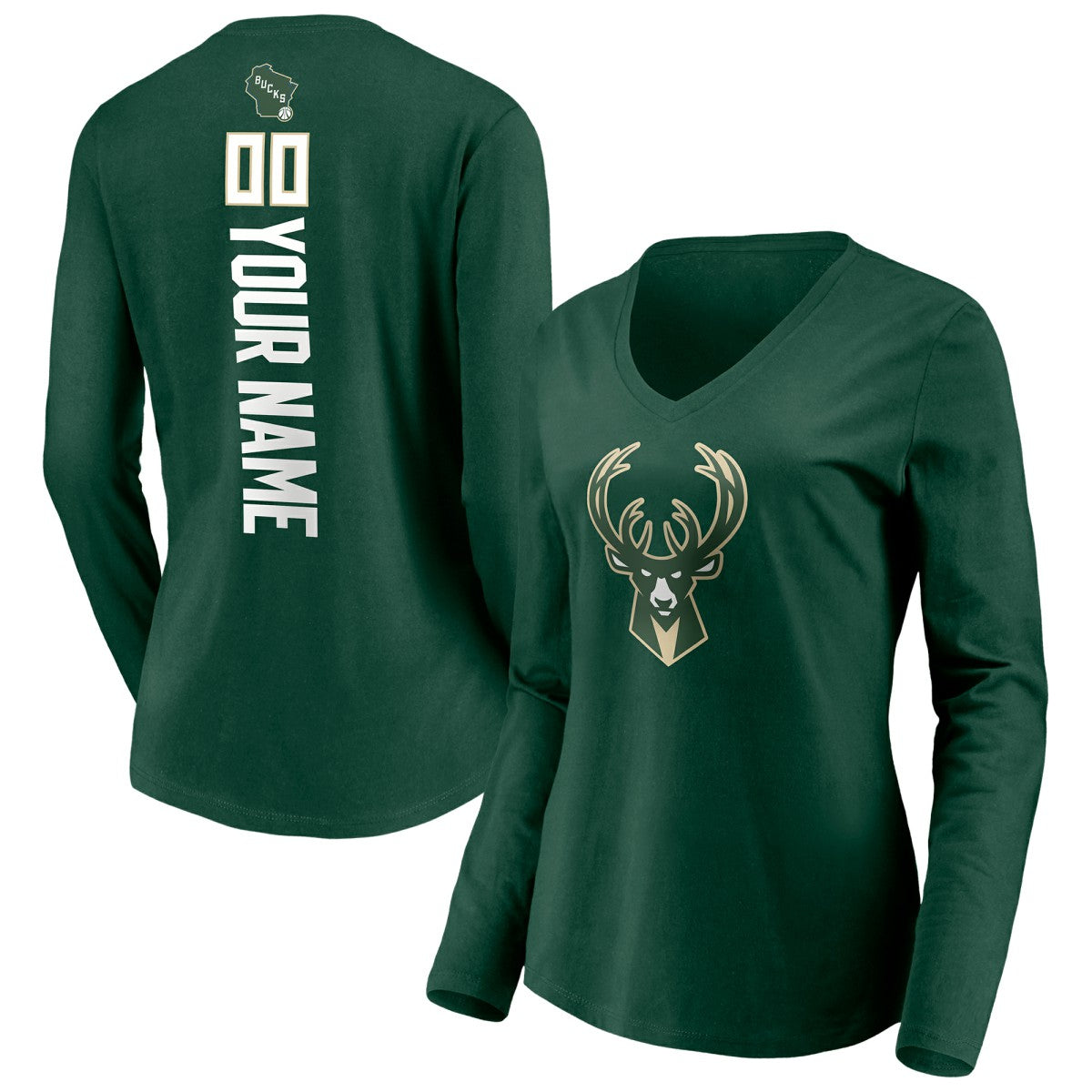 Milwaukee Bucks Women's Playmaker Personalized Name & Number Long Sleeve V-Neck T-Shirt Hunter Green