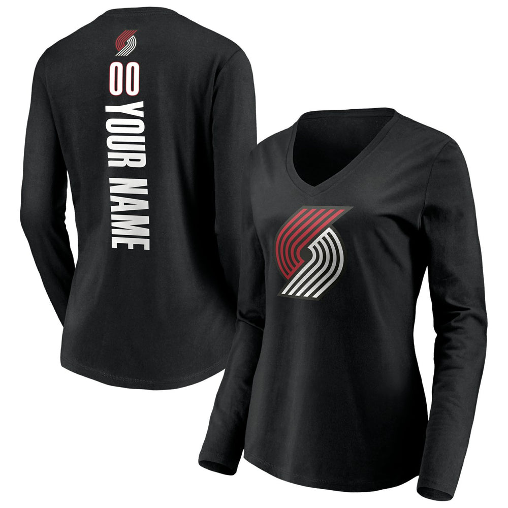 Portland Trail Blazers Women's Playmaker Personalized Name & Number Long Sleeve V-Neck T-Shirt Black