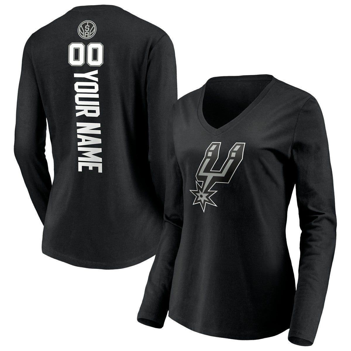 San Antonio Spurs Women's Playmaker Personalized Name & Number Long Sleeve V-Neck T-Shirt Black