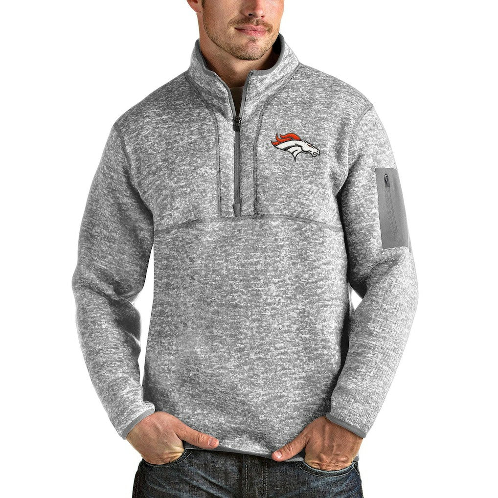 Denver Broncos Antigua Team Logo Fortune Quarter-Zip Pullover Jacket Heather Gray