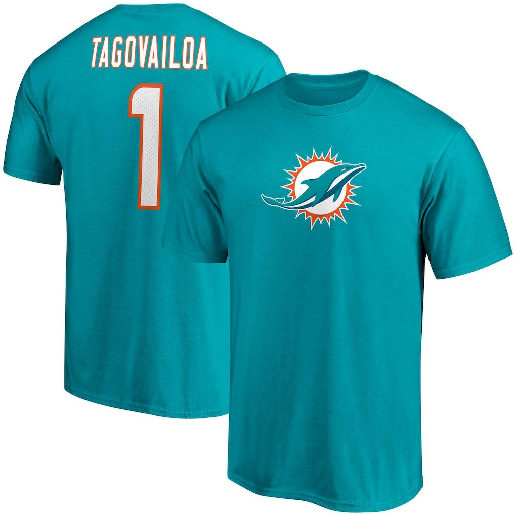 Tua Tagovailoa Miami Dolphins Player Icon Name & Number T-Shirt Aqua