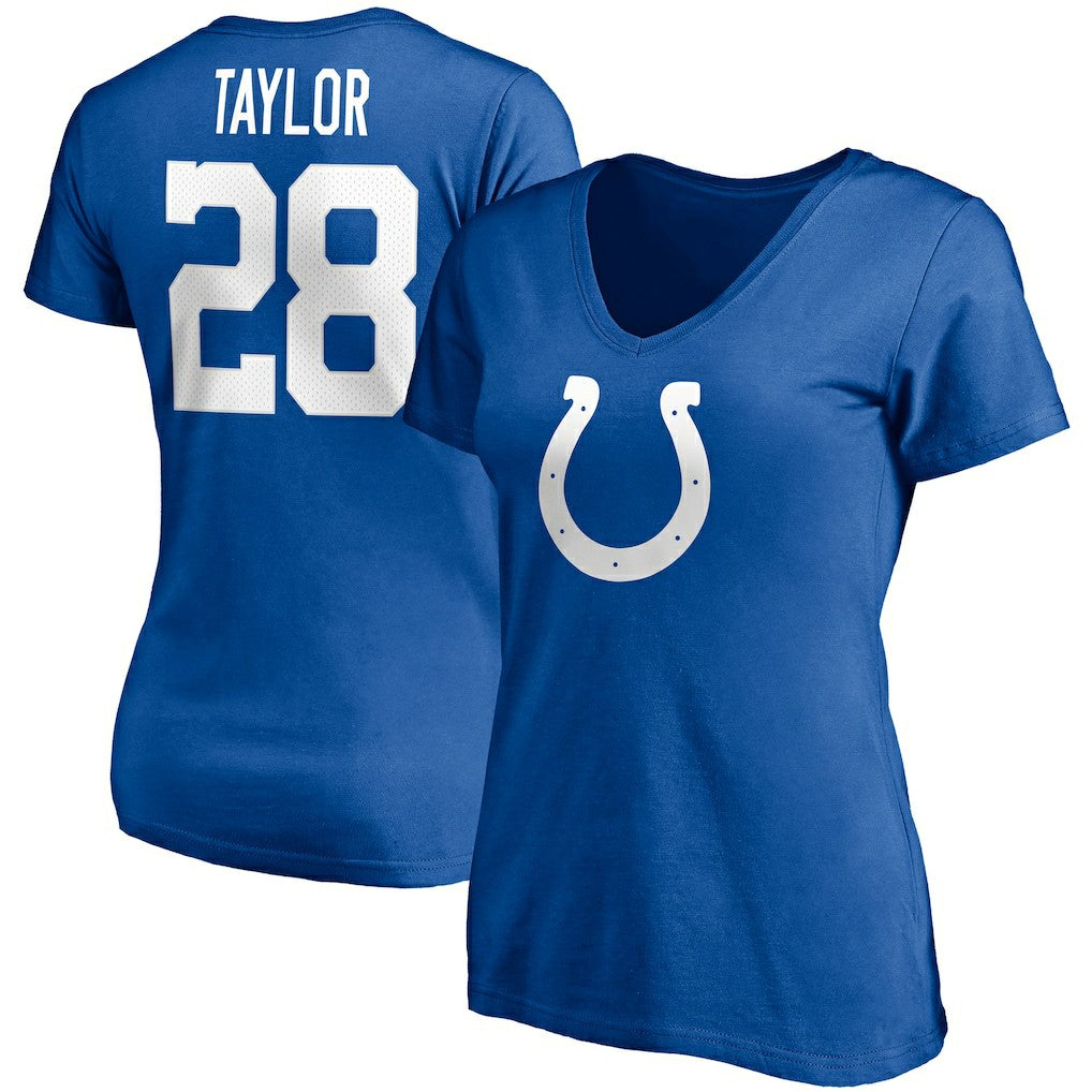 Jonathan Taylor Indianapolis Colts Women's Player Icon Name & Number V-Neck T-Shirt Royal
