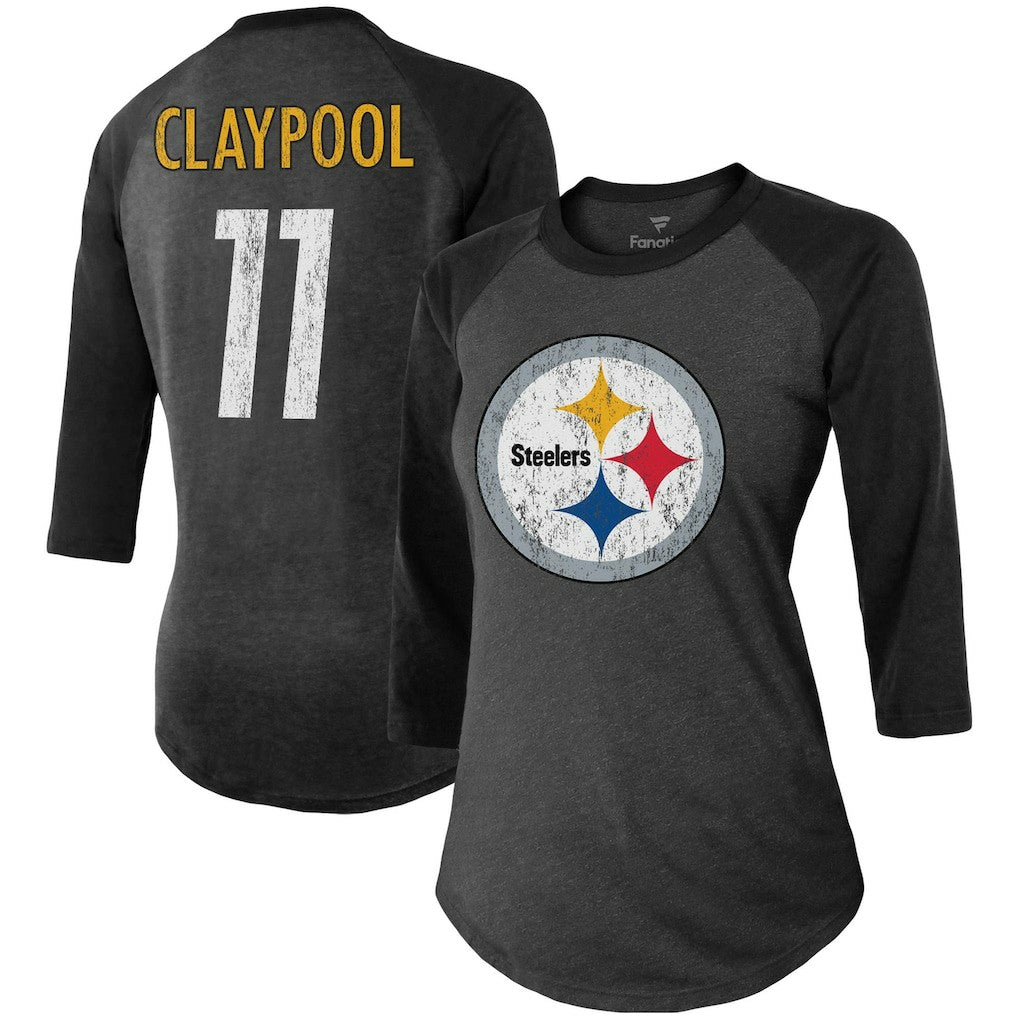 Chase Claypool Pittsburgh Steelers Women's Team Player Name & Number Tri-Blend Raglan 3/4-Sleeve T-Shirt Black