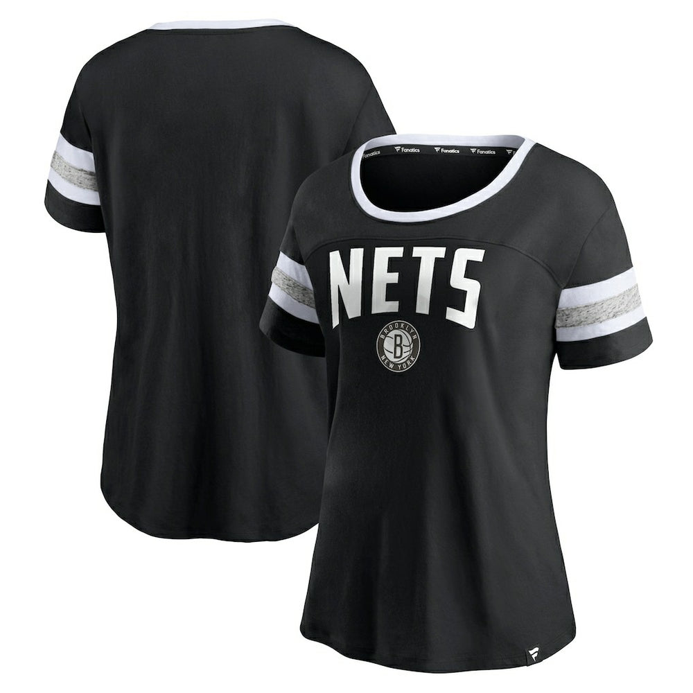 Brooklyn Nets Women's Block Party Striped Sleeve T-Shirt Black/Heathered Gray