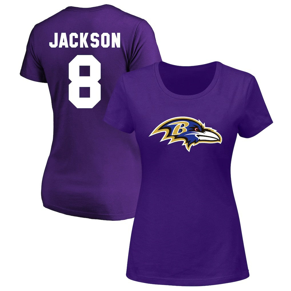 Lamar Jackson Baltimore Ravens Women's Plus Size Name & Number V-Neck T-Shirt Purple
