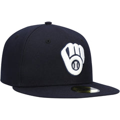 Milwaukee Brewers New Era White Logo 59FIFTY Fitted Hat - Navy Hats