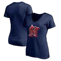 Miami Marlins Women's Red White and Team V-Neck T-Shirt - Navy T-shirts