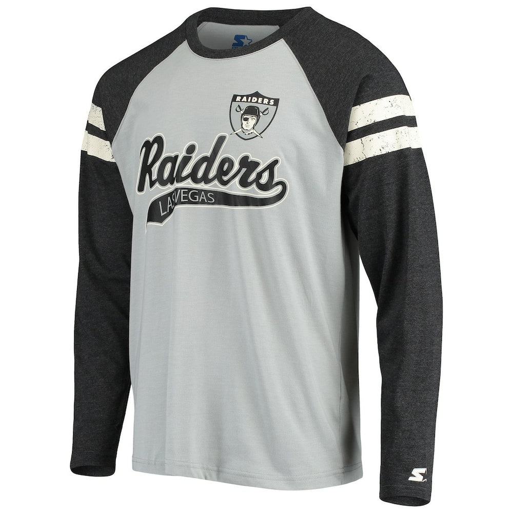 Las Vegas Raiders Starter Throwback League Raglan Long Sleeve Tri-Blend T-Shirt Silver/Black