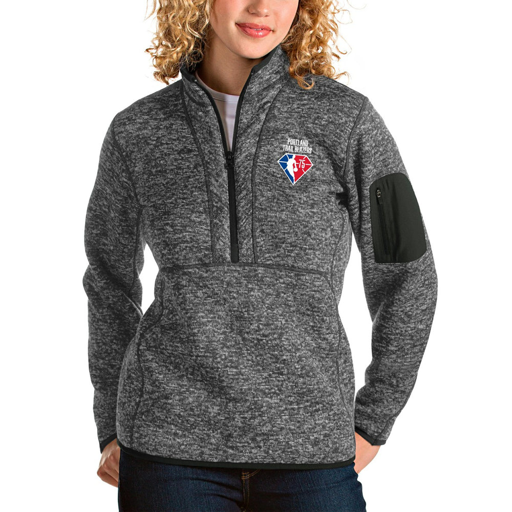 Portland Trail Blazers Antigua Women's NBA 75th Anniversary Fortune Quarter-Zip Pullover Jacket Heathered Charcoal