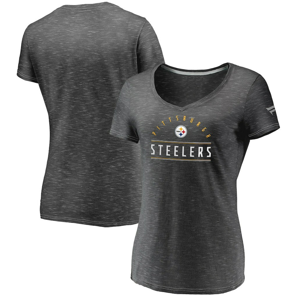 Pittsburgh Steelers Women's League Leader Space Dye V-Neck T-Shirt Charcoal