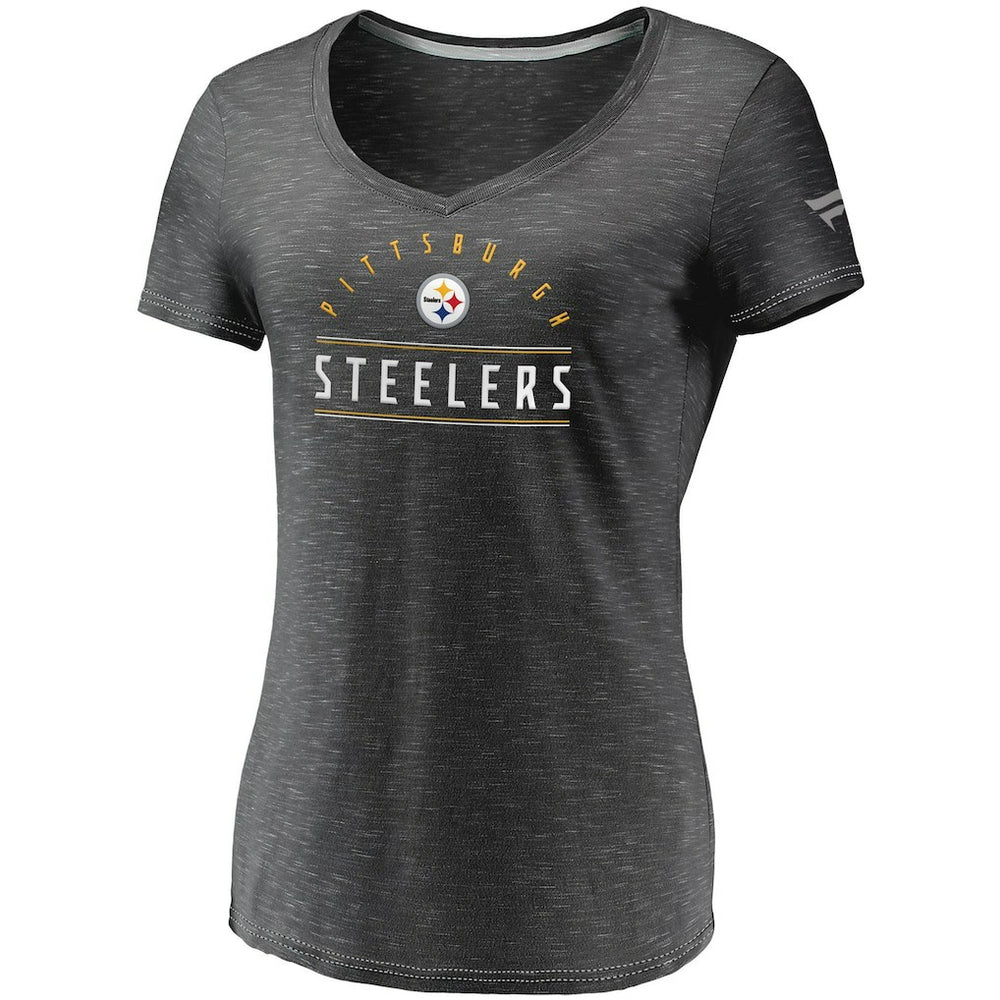 Pittsburgh Steelers Women's League Leader Space Dye V-Neck T-Shirt Charcoal