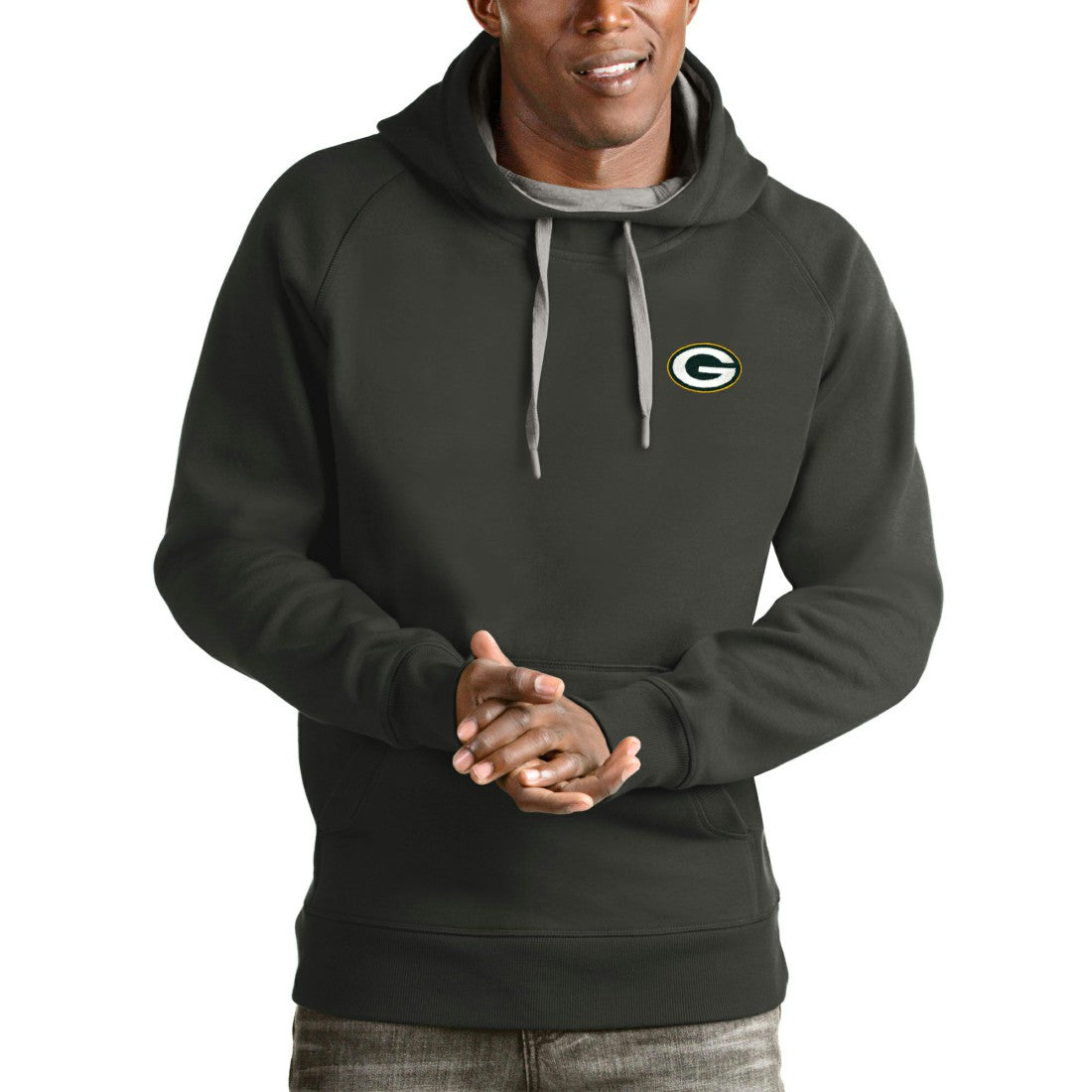 Green Bay Packers Antigua Logo Victory Pullover Hoodie Charcoal