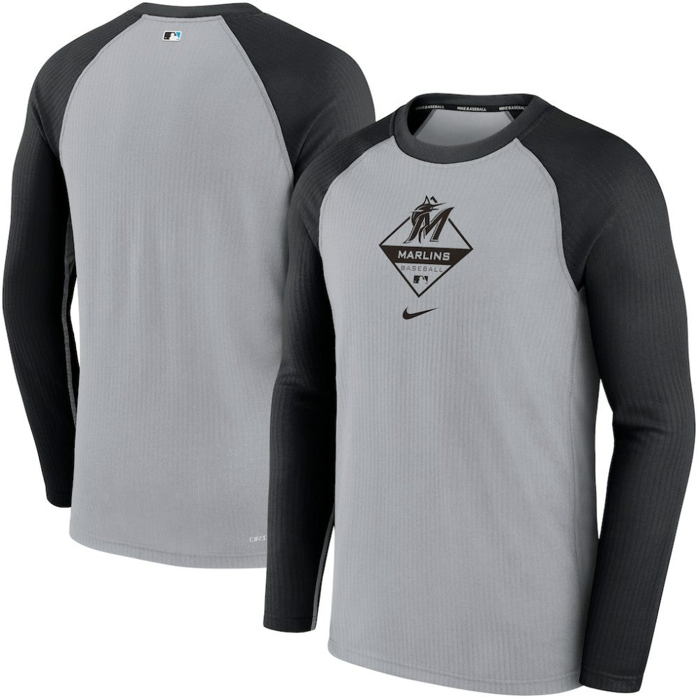 Miami Marlins Nike Game Authentic Collection Performance Raglan Long Sleeve T-Shirt - Gray/Black T-shirts