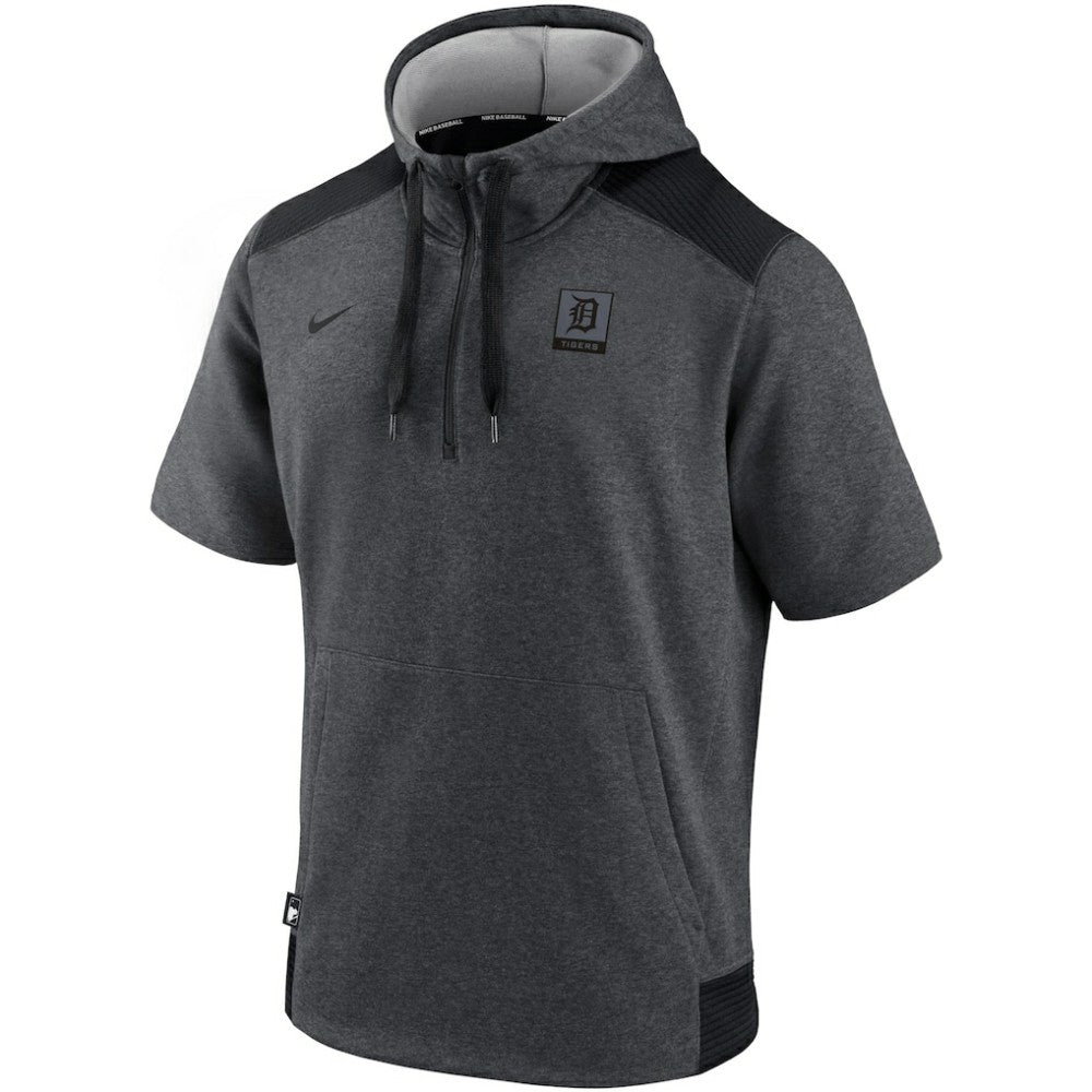 Detroit Tigers Nike Authentic Collection Dry Flux Performance Quarter-Zip Short Sleeve Hoodie - Heathered Charcoal/Black Hoodies