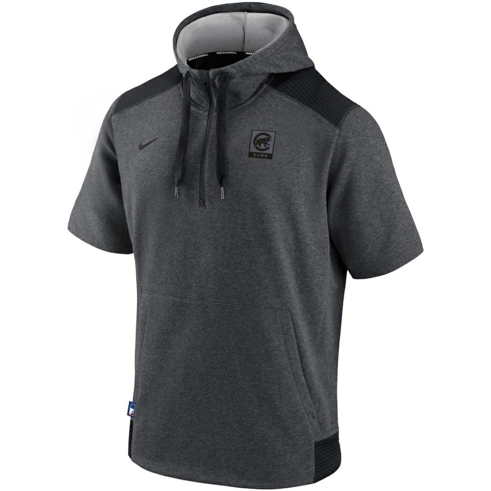 Chicago Cubs Nike Authentic Collection Dry Flux Performance Quarter-Zip Short Sleeve Hoodie - Heathered Charcoal/Black Hoodies