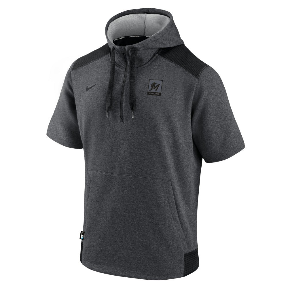 Miami Marlins Nike Authentic Collection Dry Flux Performance Quarter-Zip Short Sleeve Hoodie - Heathered Charcoal/Black Hoodies
