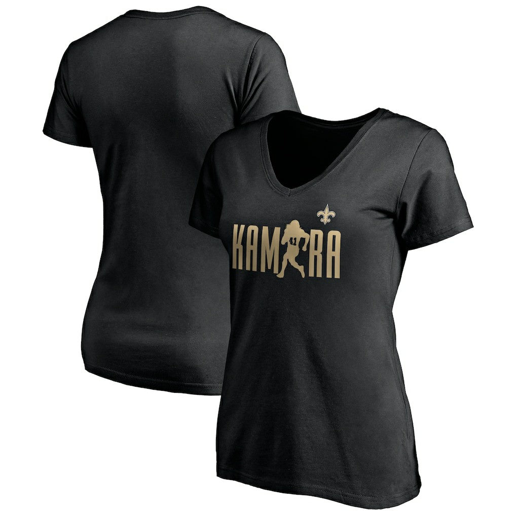 Alvin Kamara New Orleans Saints Women's Checkdown V-Neck T-Shirt Black