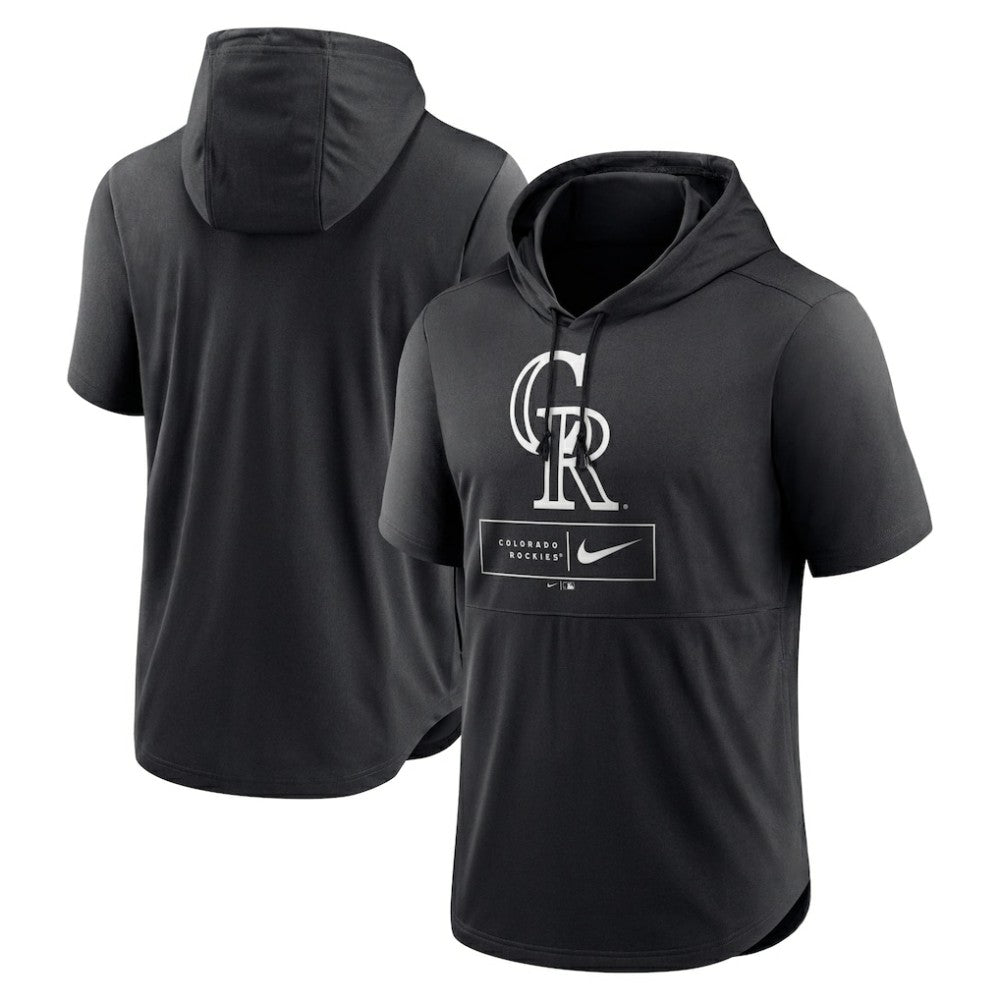 Colorado Rockies Nike Lockup Performance Short Sleeve Lightweight Hooded Top - Black Tops