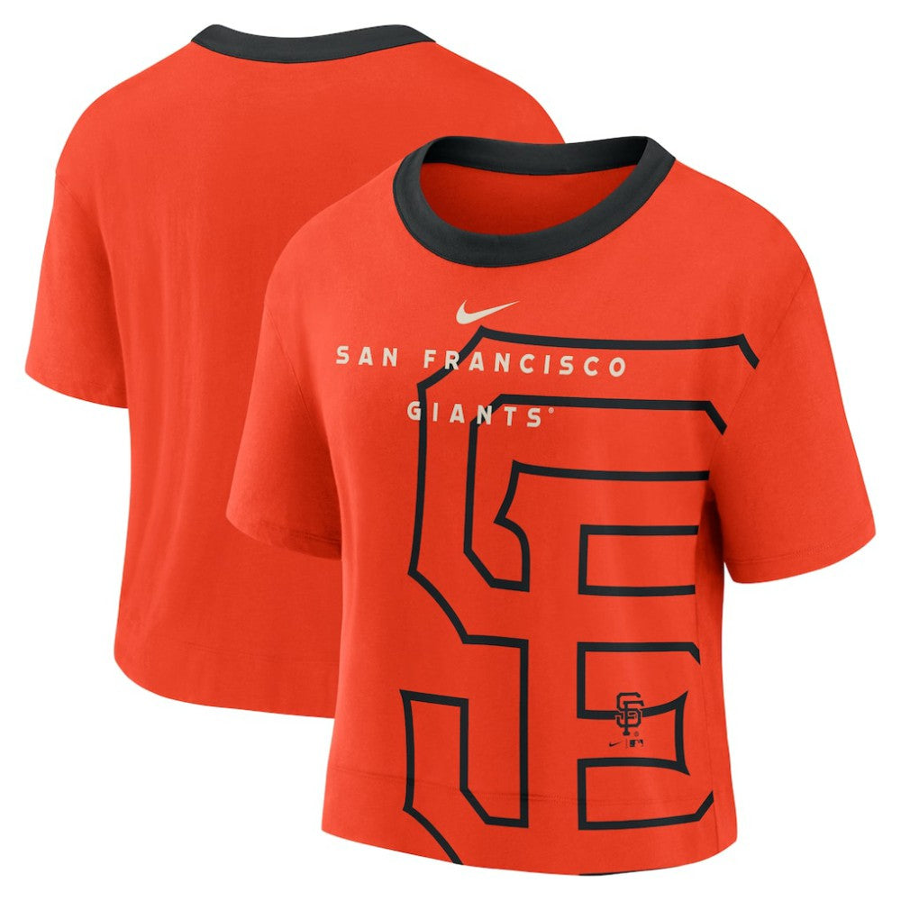 San Francisco Giants Nike Women's Team First High Hip Boxy T-Shirt - Orange/Black T-shirts