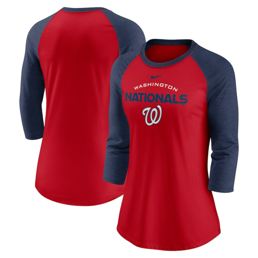 Washington Nationals Nike Women's Modern Baseball Arch Tri-Blend Raglan 3/4-Sleeve T-Shirt - Red/Navy T-shirts