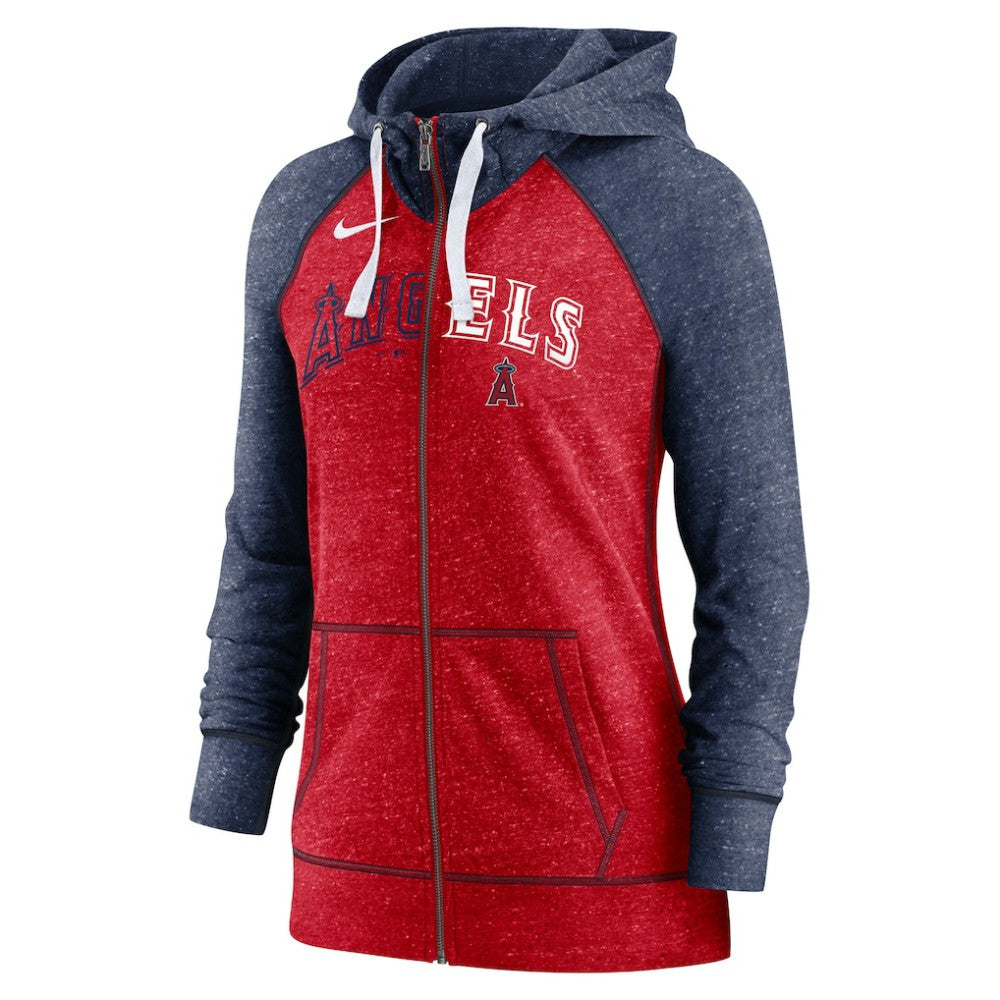 Los Angeles Angels Nike Women's Split Wordmark Gym Vintage Raglan Lightweight Full-Zip Hoodie - Heather Red/Heather Navy Hoodies
