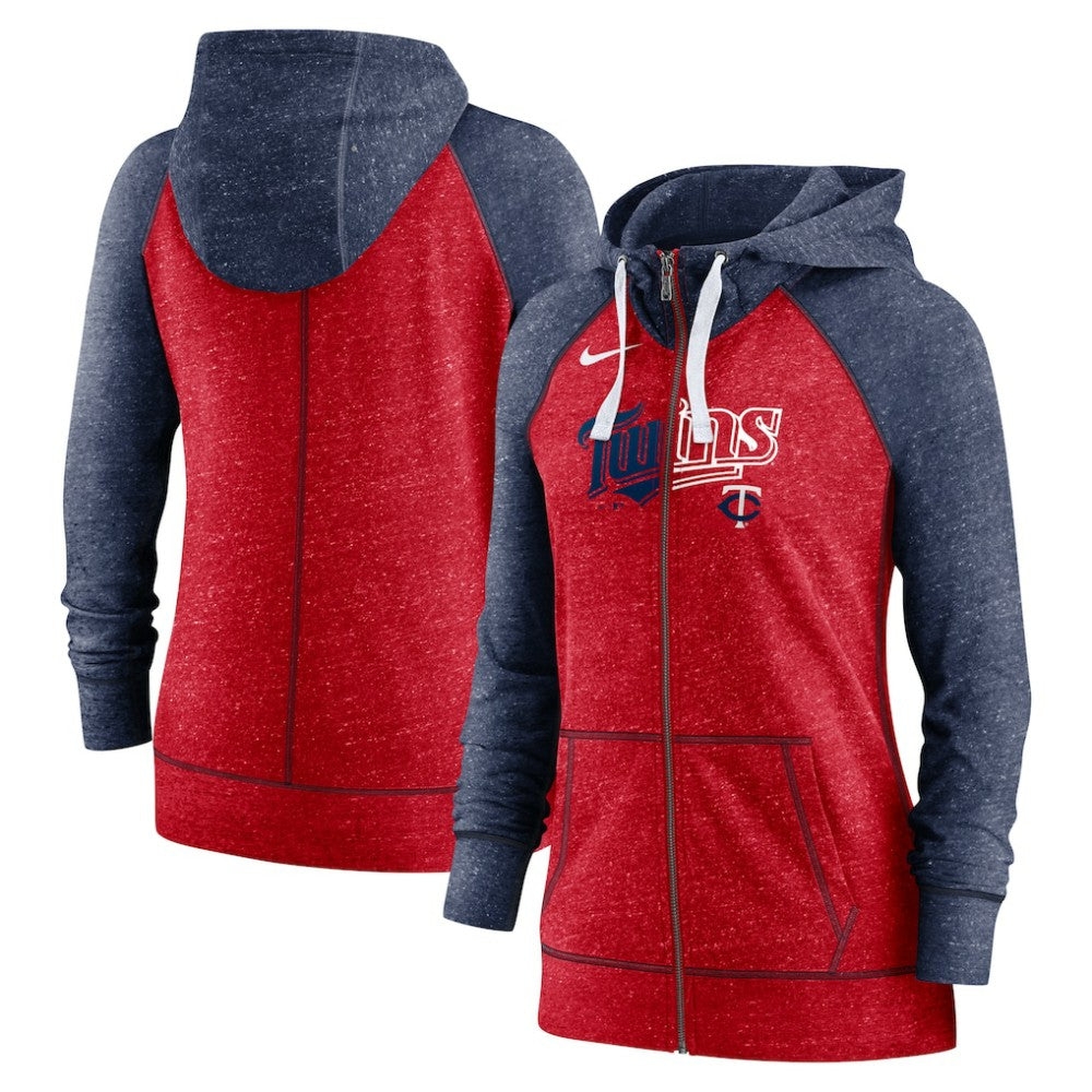 Minnesota Twins Nike Women's Split Wordmark Gym Vintage Raglan Lightweight Full-Zip Hoodie - Heather Red/Heather Navy Hoodies