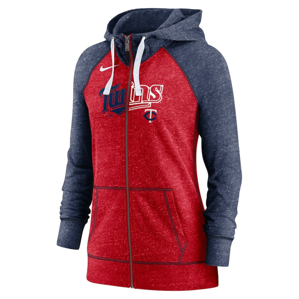Minnesota Twins Nike Women's Split Wordmark Gym Vintage Raglan Lightweight Full-Zip Hoodie - Heather Red/Heather Navy Hoodies