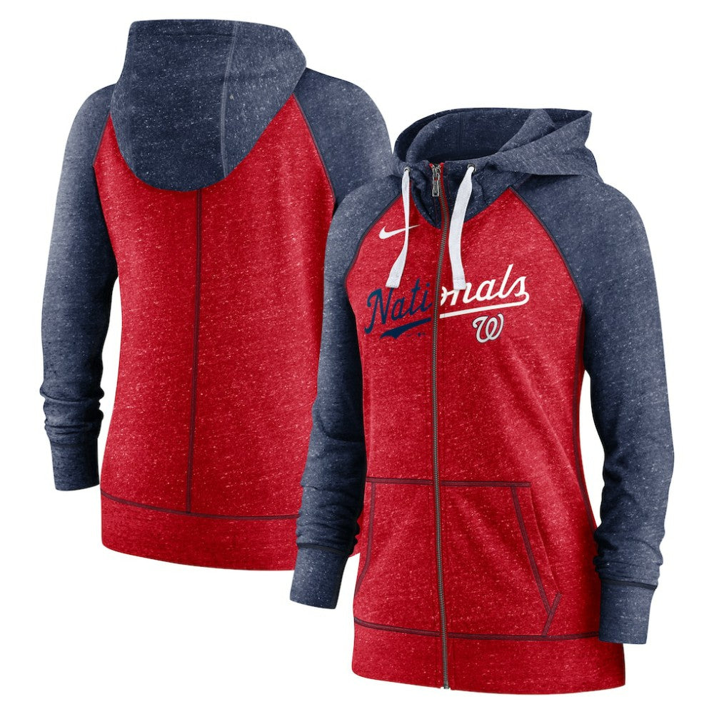 Washington Nationals Nike Women's Split Wordmark Gym Vintage Raglan Lightweight Full-Zip Hoodie - Heather Red/Heather Navy Hoodies
