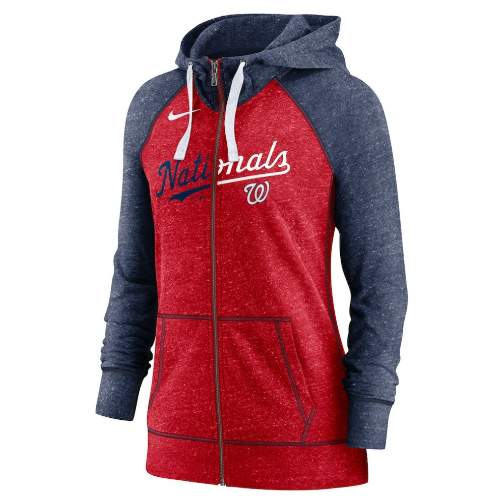 Washington Nationals Nike Women's Split Wordmark Gym Vintage Raglan Lightweight Full-Zip Hoodie - Heather Red/Heather Navy Hoodies