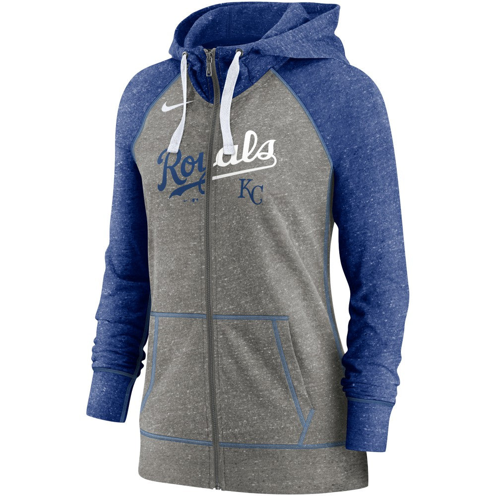 Kansas City Royals Nike Women's Split Wordmark Gym Vintage Raglan Lightweight Full-Zip Hoodie - Heather Charcoal/Heather Royal Hoodies