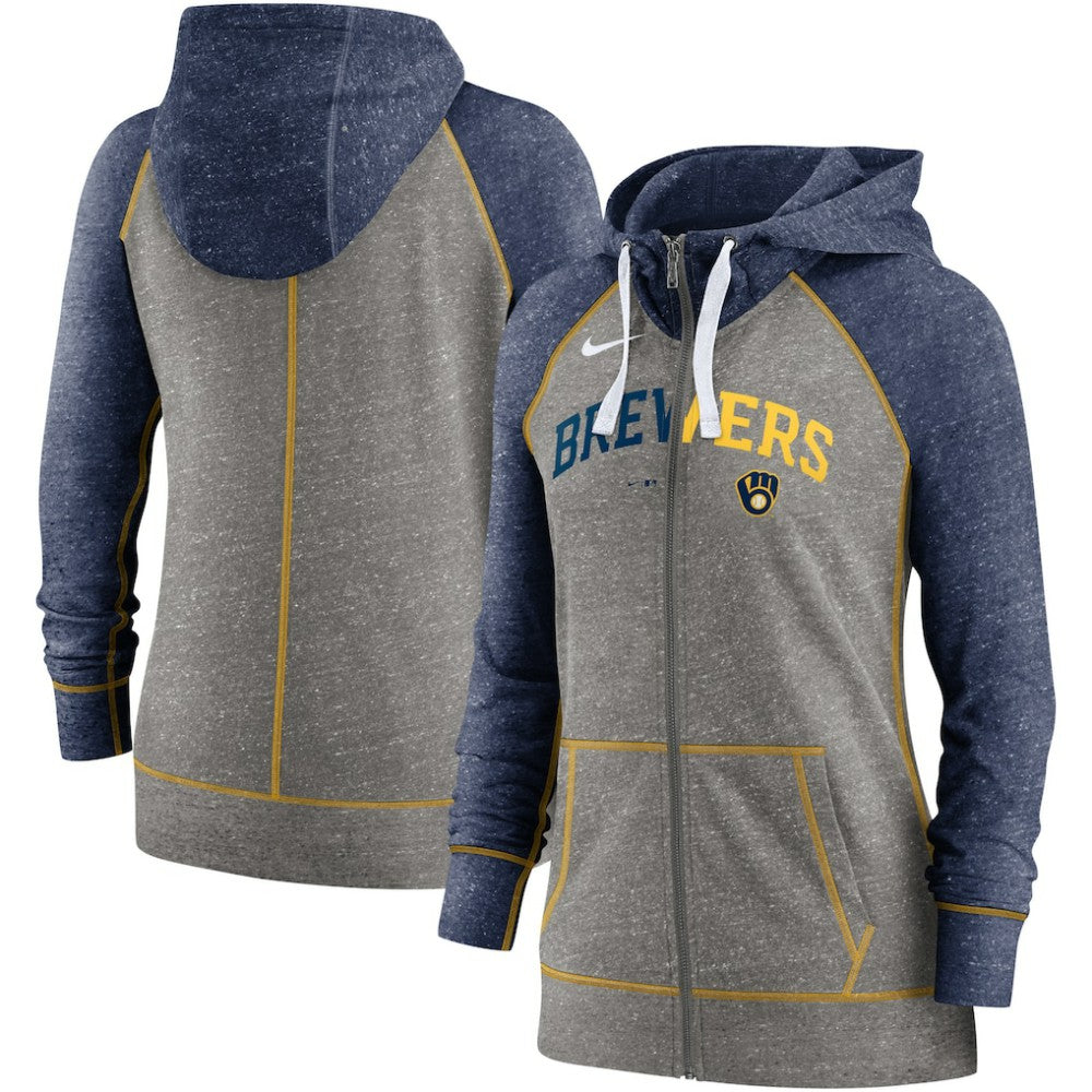 Milwaukee Brewers Nike Women's Split Wordmark Gym Vintage Raglan Lightweight Full-Zip Hoodie - Heather Charcoal/Heather Navy Hoodies