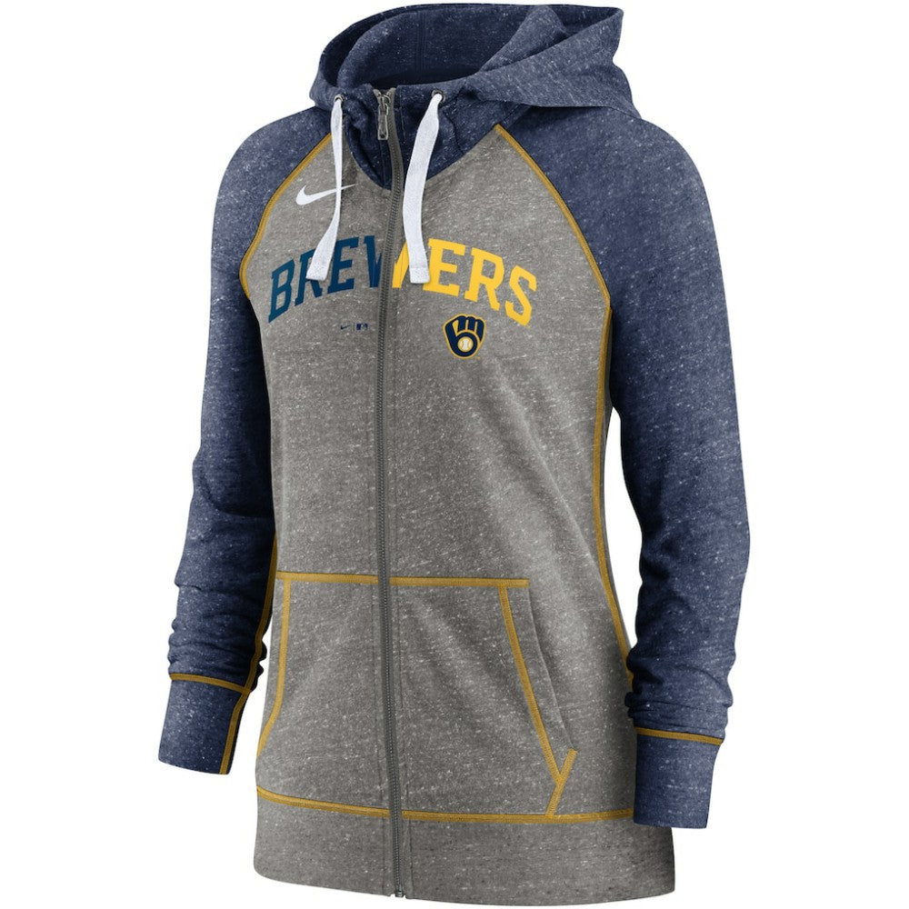 Milwaukee Brewers Nike Women's Split Wordmark Gym Vintage Raglan Lightweight Full-Zip Hoodie - Heather Charcoal/Heather Navy Hoodies