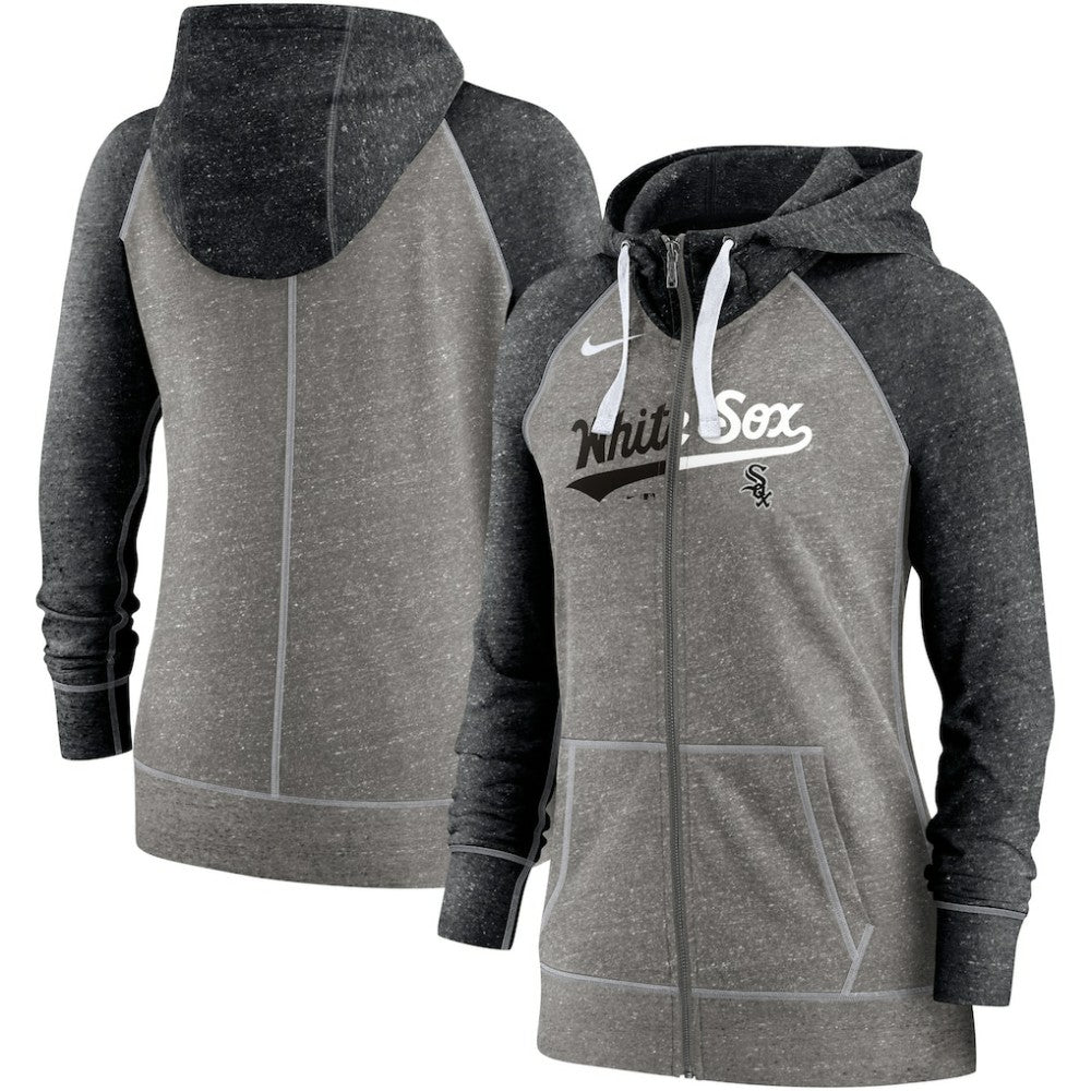 Chicago White Sox Nike Women's Split Wordmark Gym Vintage Raglan Lightweight Full-Zip Hoodie - Heather Charcoal/Heather Black Hoodies