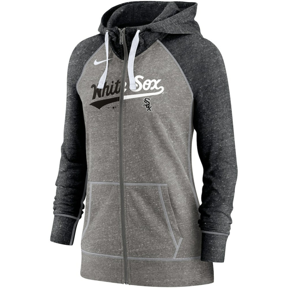 Chicago White Sox Nike Women's Split Wordmark Gym Vintage Raglan Lightweight Full-Zip Hoodie - Heather Charcoal/Heather Black Hoodies