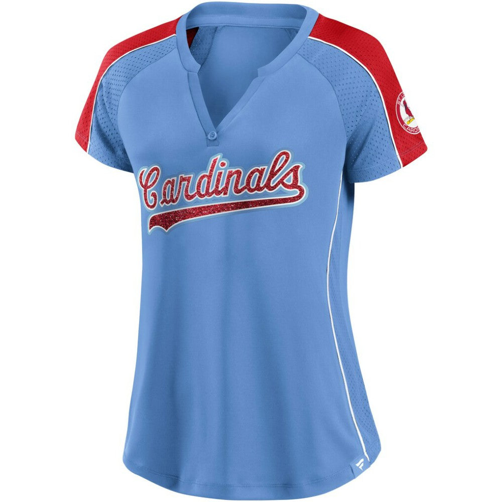 St. Louis Cardinals Fanatics Women's Light Blue/Red True Classic League Diva Pinstripe Raglan V-Neck T-Shirt T-shirts