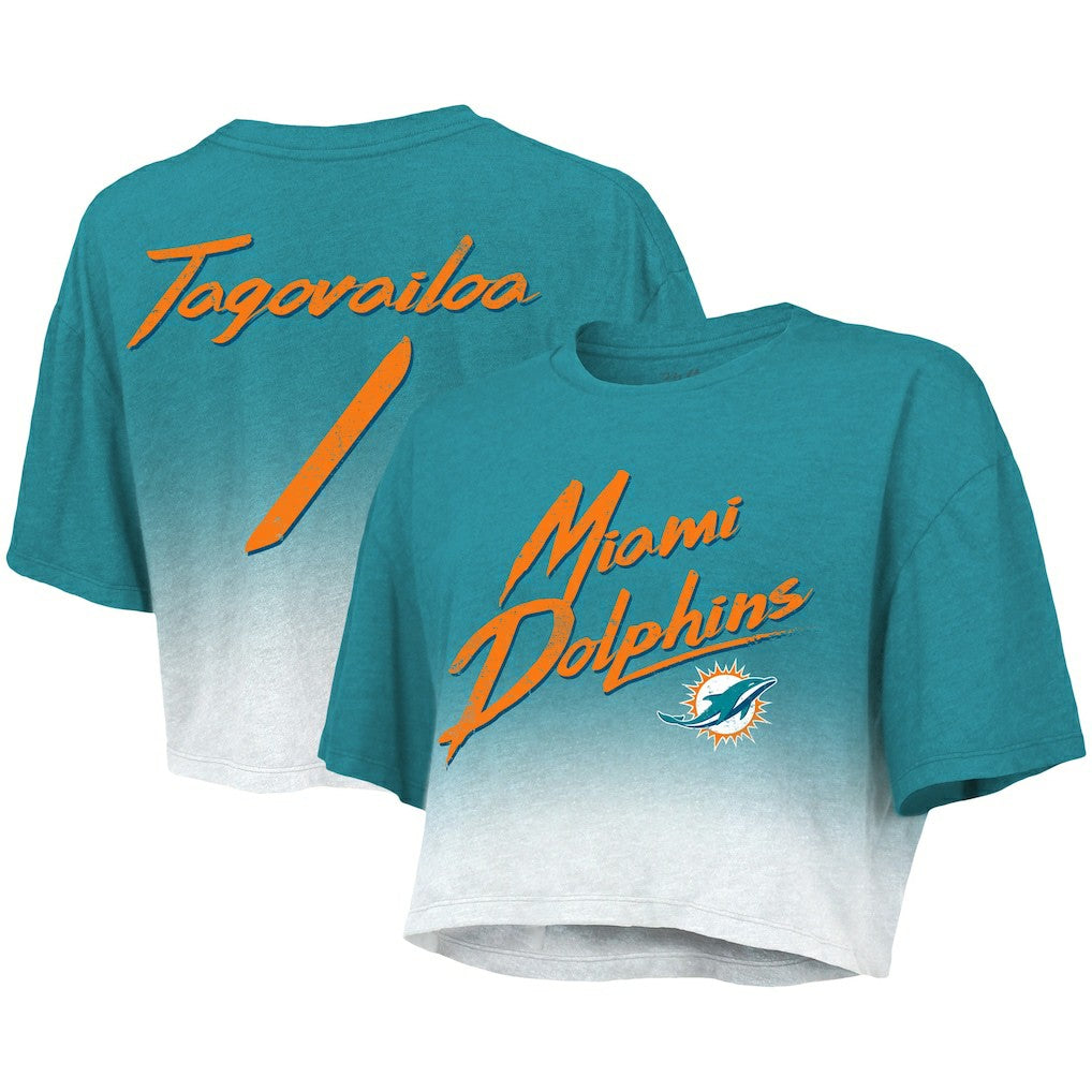 Tua Tagovailoa Miami Dolphins Majestic Threads Women's Dip-Dye Player Name & Number Crop Top Aqua/White