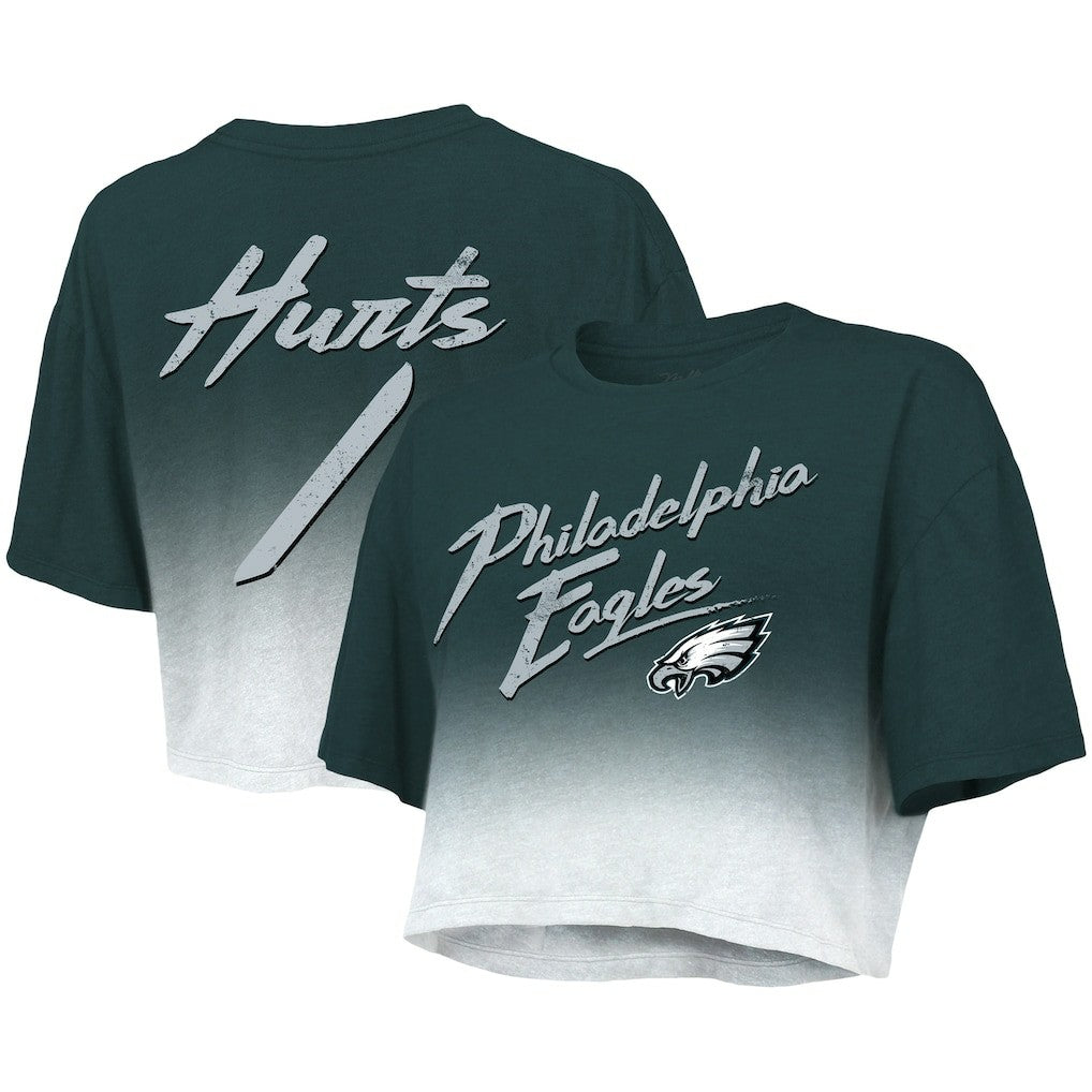 Jalen Hurts Philadelphia Eagles Majestic Threads Women's Dip-Dye Player Name & Number Crop Top Green/White