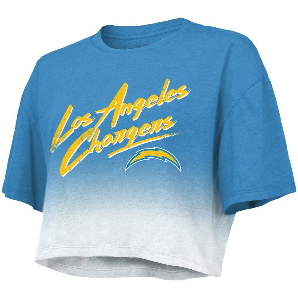 Justin Herbert Los Angeles Chargers Majestic Threads Women's Dip-Dye Player Name & Number Crop Top Powder Blue/White