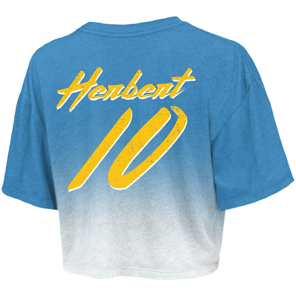 Justin Herbert Los Angeles Chargers Majestic Threads Women's Dip-Dye Player Name & Number Crop Top Powder Blue/White