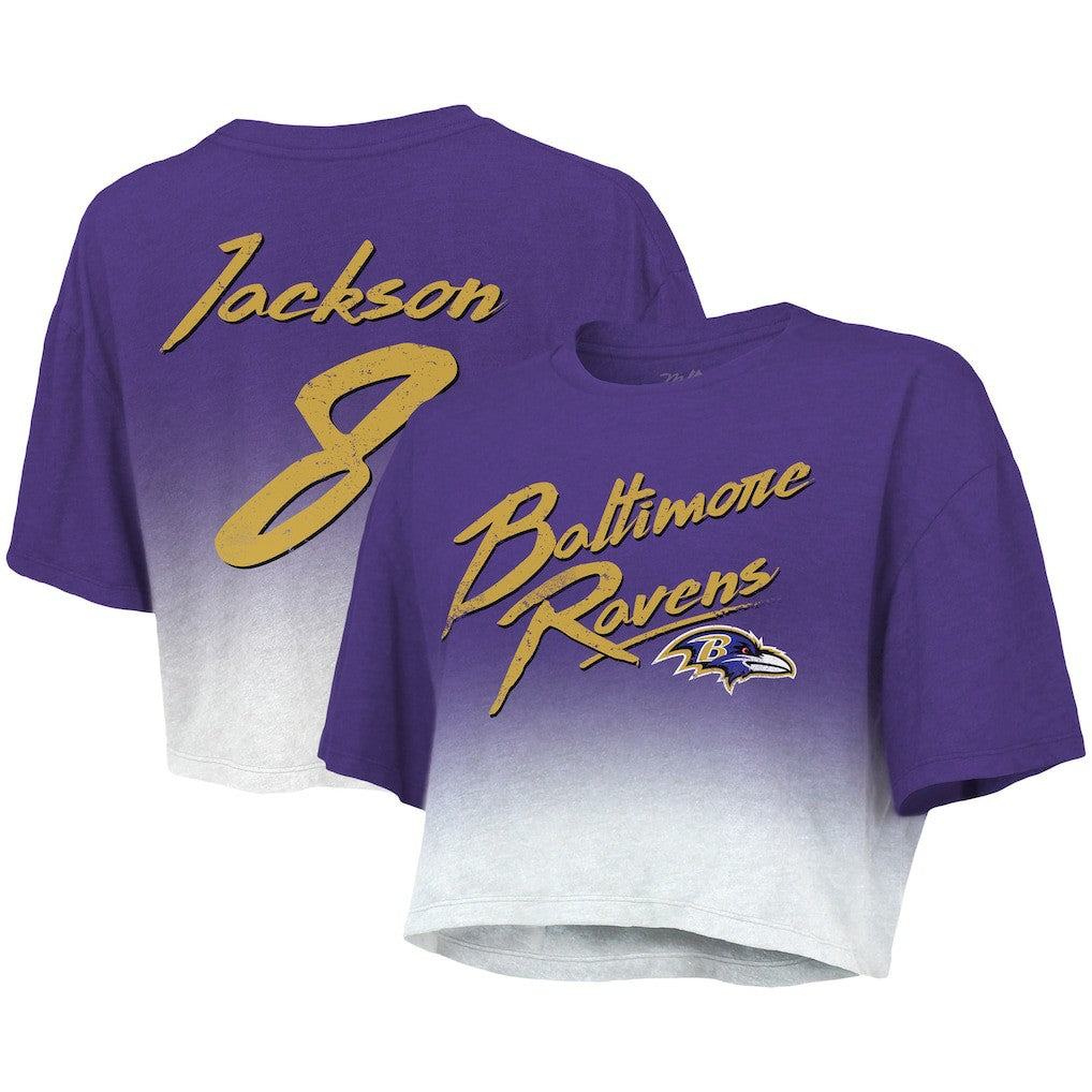 Lamar Jackson Baltimore Ravens Majestic Threads Women's Dip-Dye Player Name & Number Crop Top Purple/White