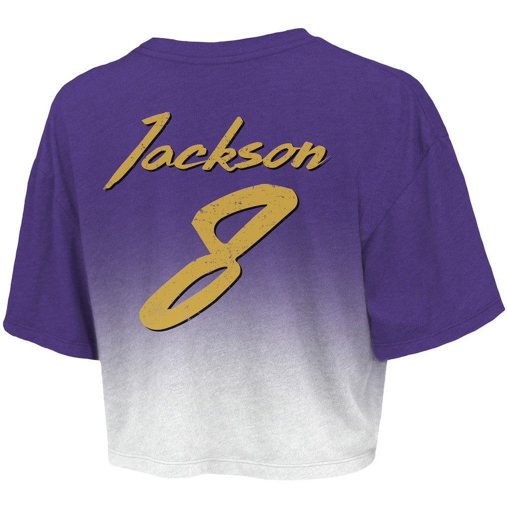 Lamar Jackson Baltimore Ravens Majestic Threads Women's Dip-Dye Player Name & Number Crop Top Purple/White