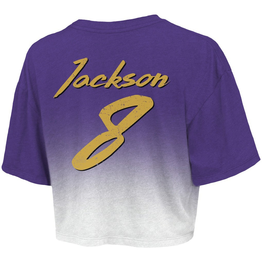 Lamar Jackson Baltimore Ravens Majestic Threads Women's Dip-Dye Player Name & Number Crop Top Purple/White