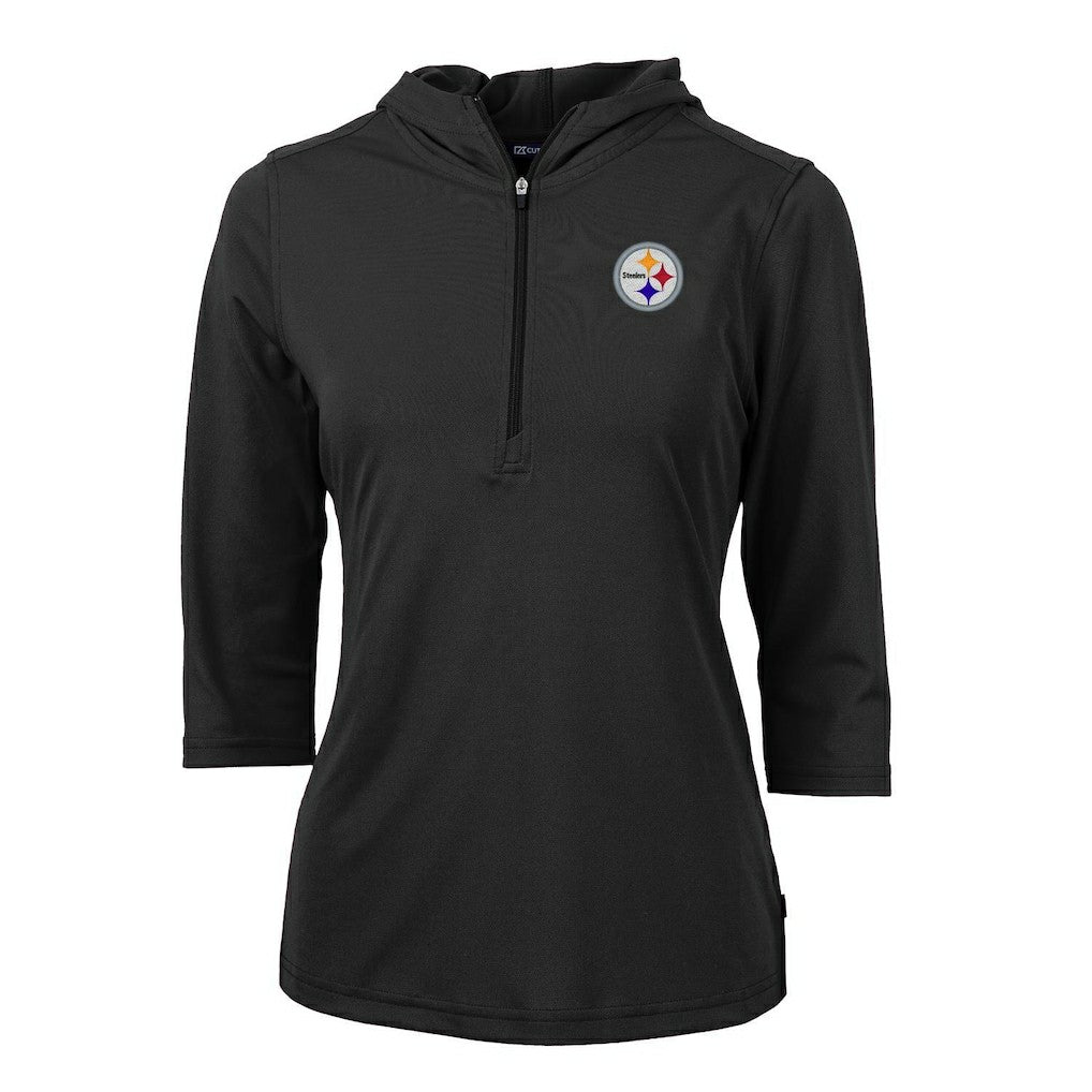 Pittsburgh Steelers Cutter & Buck Women's Virtue Eco Pique Half-Zip 3/4 Sleeve Pullover Hoodie Black