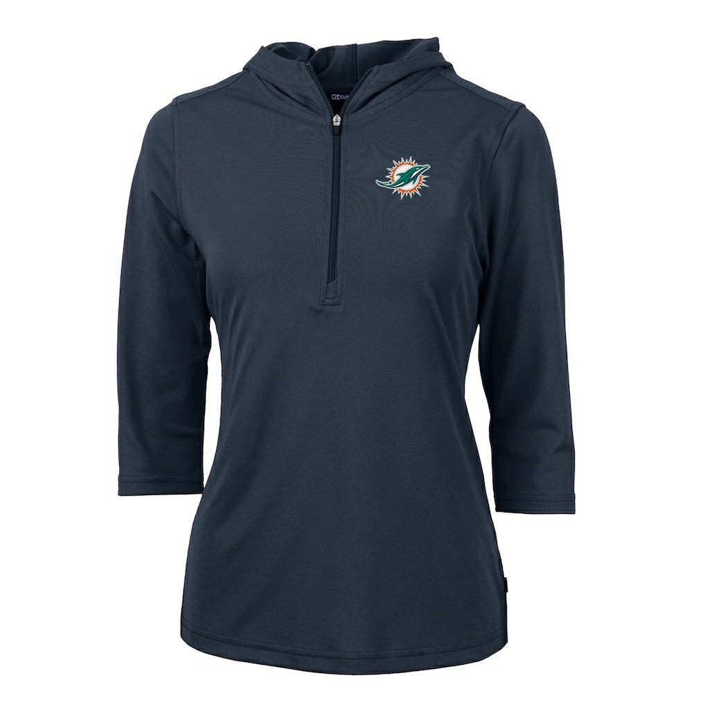 Miami Dolphins Cutter & Buck Women's Virtue Eco Pique Half-Zip 3/4 Sleeve Pullover Hoodie Navy