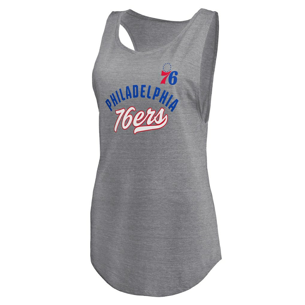 Philadelphia 76ers Women's Quality Time Open Scoop Neck Tri-Blend Tank Top Heathered Gray